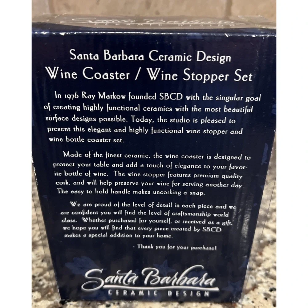 New Wine Coaster & Stopper Gift Set Santa‎ Barbara Ceramic Design Grapes